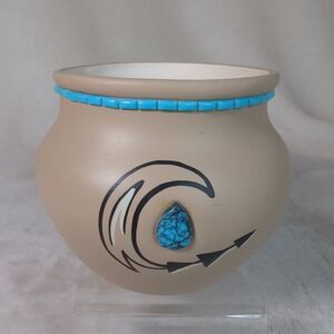 Native American Small Pottery Vase Turquoise Stone Inlay 3.75" Signed Hopi Toad